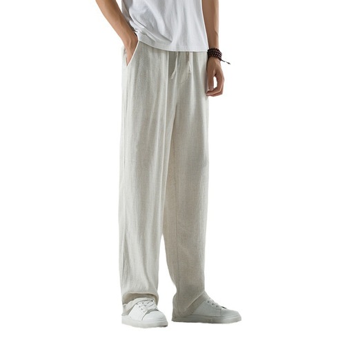 Linen pants men's summer thin breathable drape casual wide-leg pants loose straight large size cotton and linen harem pants