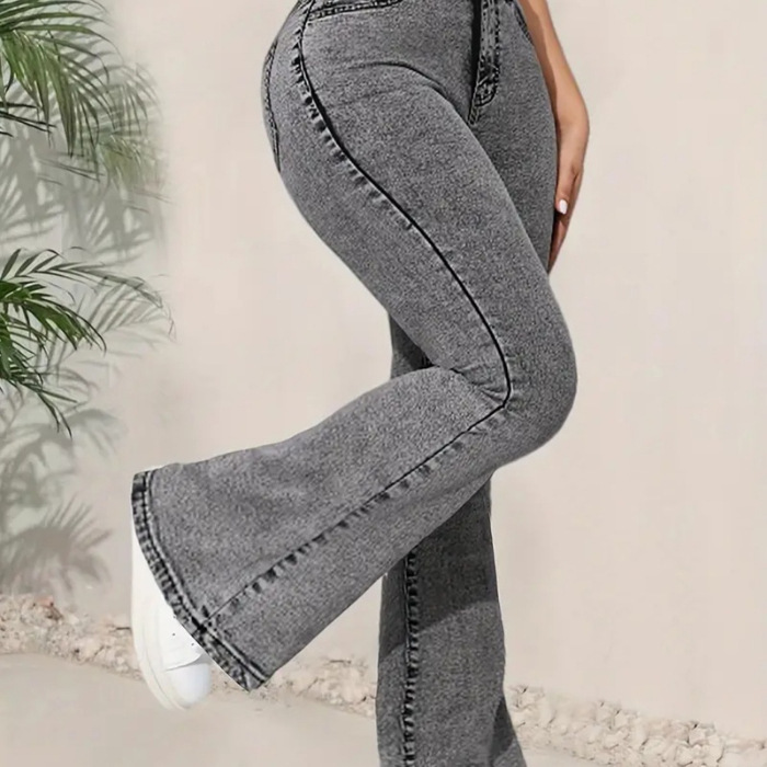 ヨーロッパとアメリカの貿易 AliExpress ダークグレーの女性のジーンズスリムフィット多機能デザインミッドウエストデニムフレアパンツ|undefined