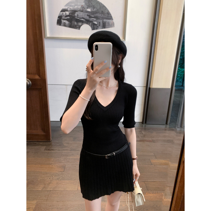 Brand In-Stock High-End V-Neck Mid-Sleeve Knit Dress for Women, 2025 Summer New Model, Absolutely Beautiful and Super Attractive for Young Girls
