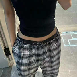 小C正确版本）经典双腰头字母设计格子百搭慵懒居家外穿阔腿裤