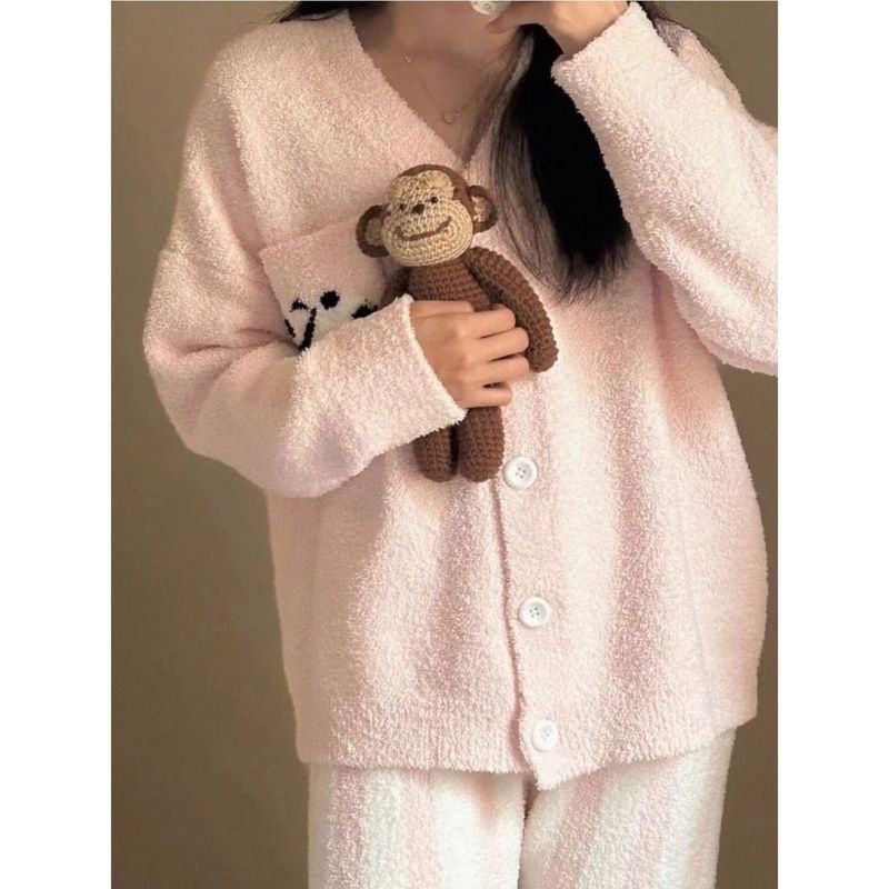少女设计感熊猫印花长袖睡衣女秋冬季新款保暖条纹长裤居家服套装|undefined