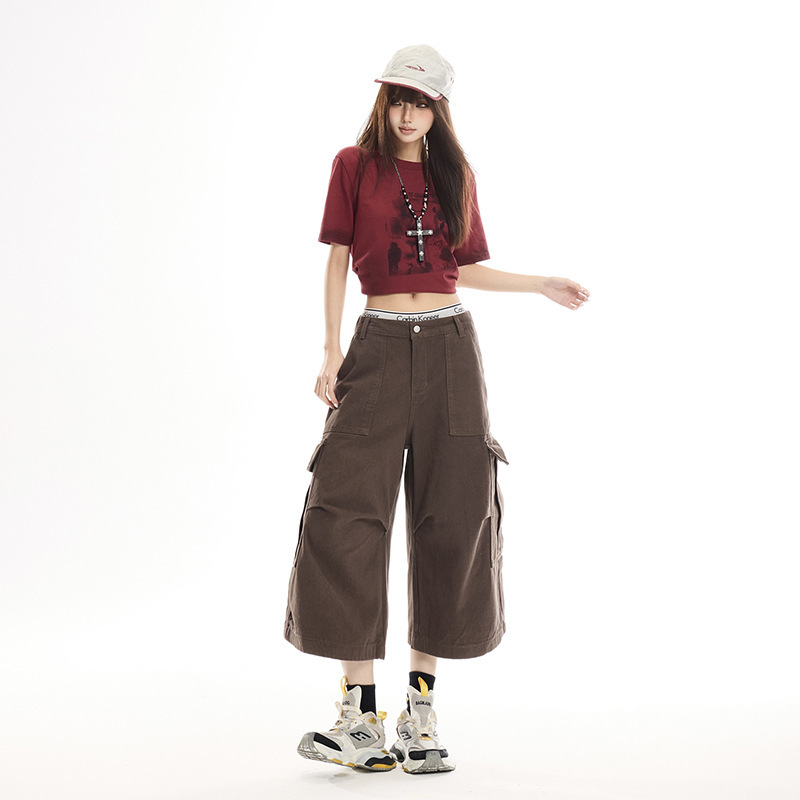 【Jin Yin】4 Colors/American Street Style Retro Pleated Pocket Design Work Pants Unisex Loose Denim Cropped Pants 【Jin Yin】4 Colors/American Street Style Retro Pleated Pocket Design Work Pants Unisex Loose Denim Cropped Pants