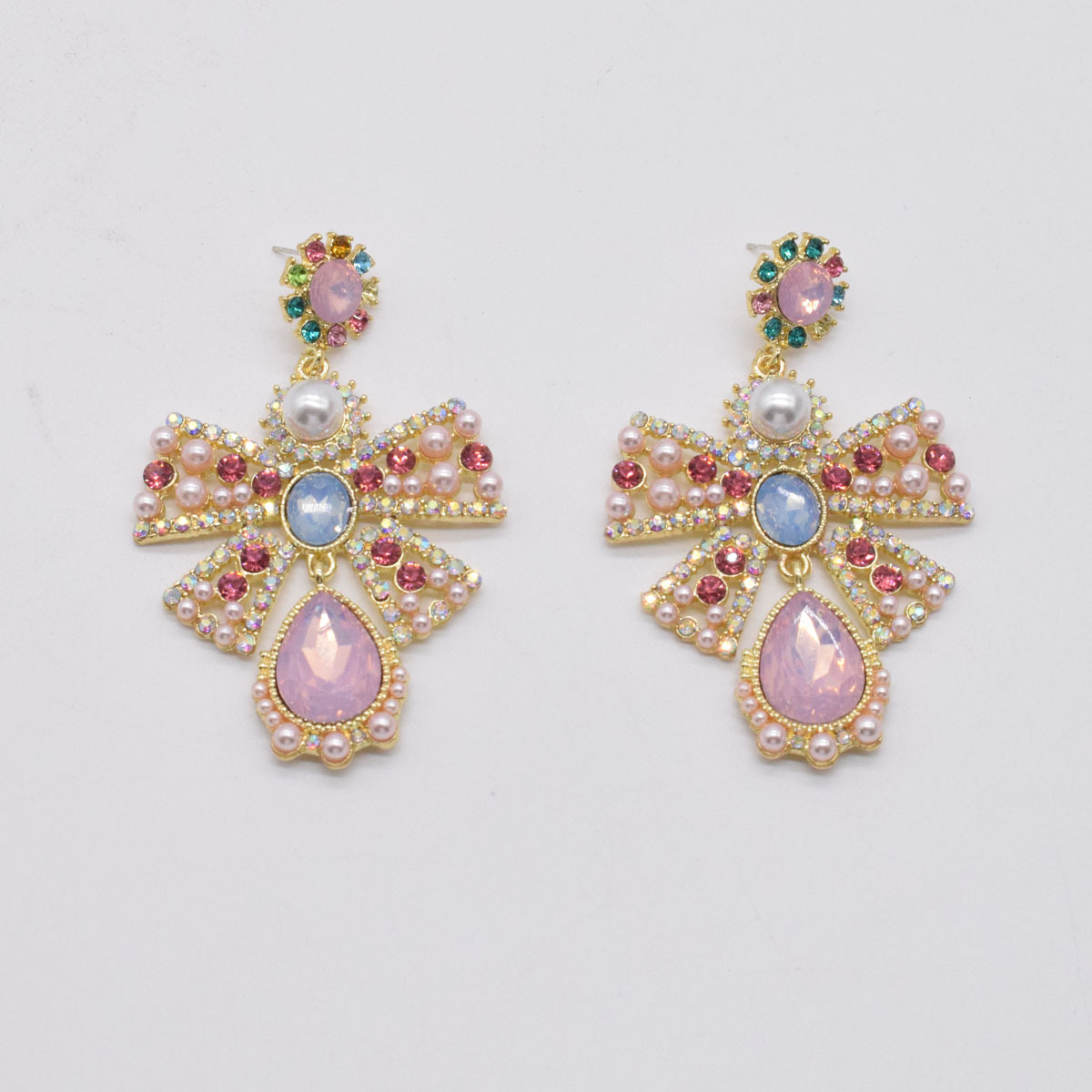 Wholesale Fashion Diamond-studded Pearl Pink Bow Big Earrings Nihaojewelry display picture 3