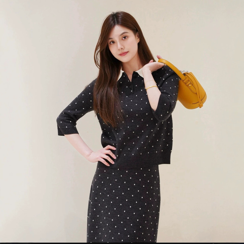 Xiaohe Women's Polka Dot Knit 100% Wool Autumn Slim Fit Elegant Commuter Short Sleeve Top Xiaohe Women's Polka Dot Knit 100% Wool Autumn Slim Fit Elegant Commuter Short Sleeve Top