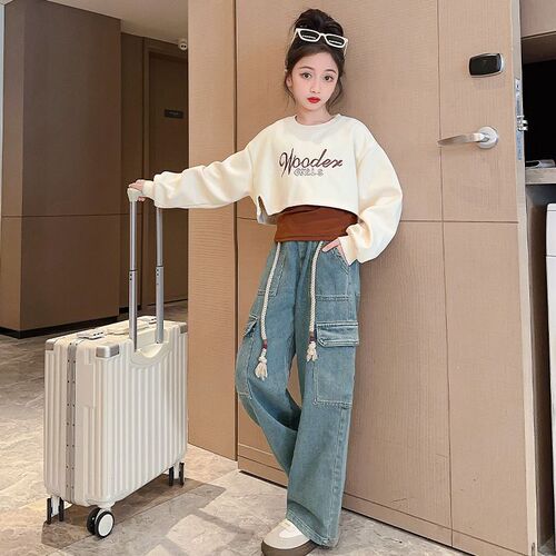 2024 Autumn Girls' 3-Piece Set: New Korean-Style Trendy Vest, Sweatshirt, & Overalls Denim Pants—Internet-Famous Outfit