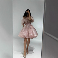 新款法式轻奢公主蓬蓬裙女粉色亮片一字肩气质短款生日宴会礼服裙