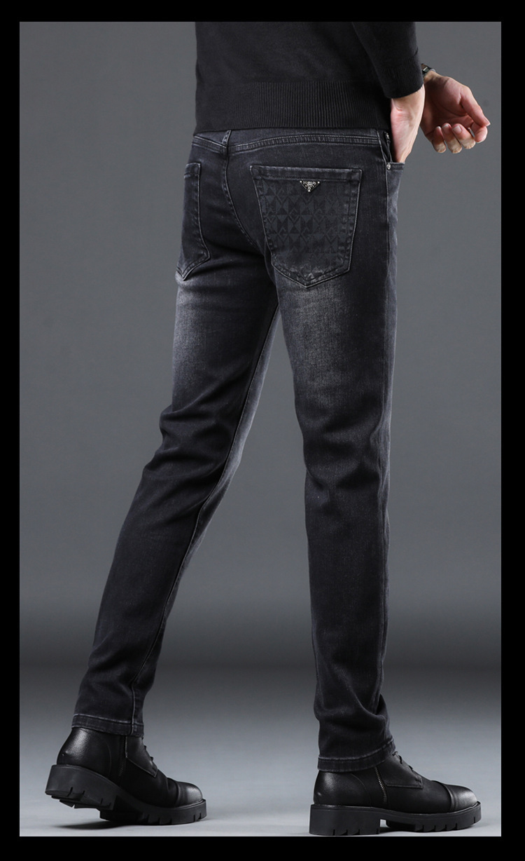 Jeans neri invernali europei, pantaloni in pile slim fit alla moda da uomo, pantaloni casual elastici da uomo_voghion.com