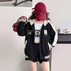 女童春季美式棒球服外套2026新款连帽拉链学生宽松休闲上衣