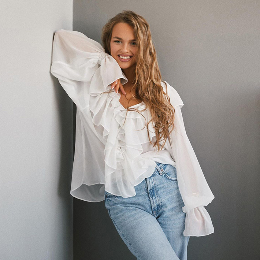 Women's Clothing 2024 Spring Design Sense Ruffled White Chiffon Shirt Women's Loose Temperament Flying Sleeve V neck Pullover Top_voghion.com