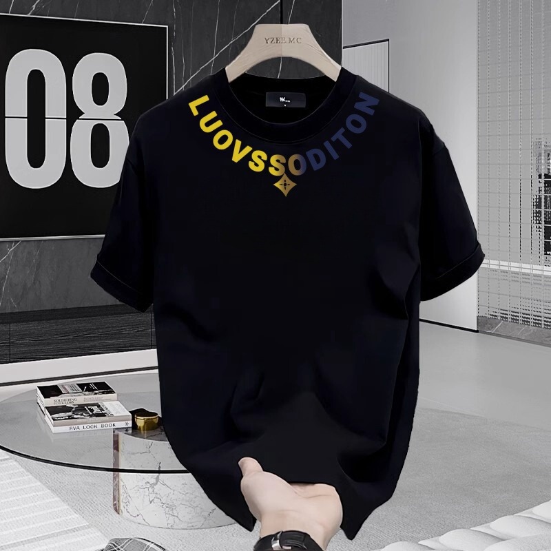 Popular Letter Flocked Short-Sleeved T-Shirt Men's Trendy Brand Round Neck Half-Sleeved 2025 Summer New Men's Slim-Fitting Shirt