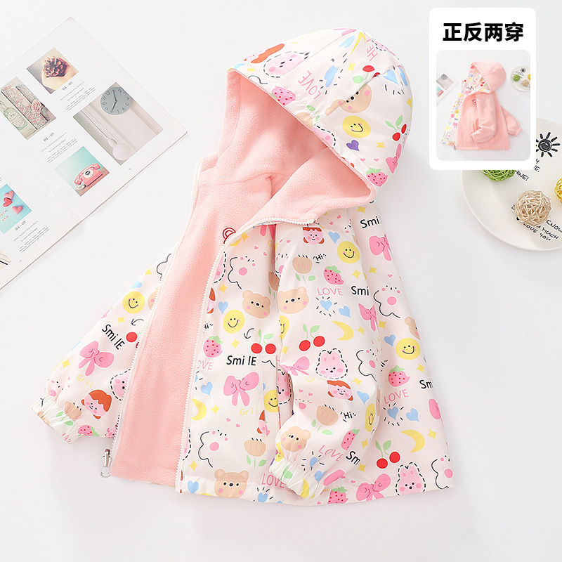 Girls' fleece jacket, reversible, spring and autumn 2025 new style children's fleece windbreaker, stylish top.
