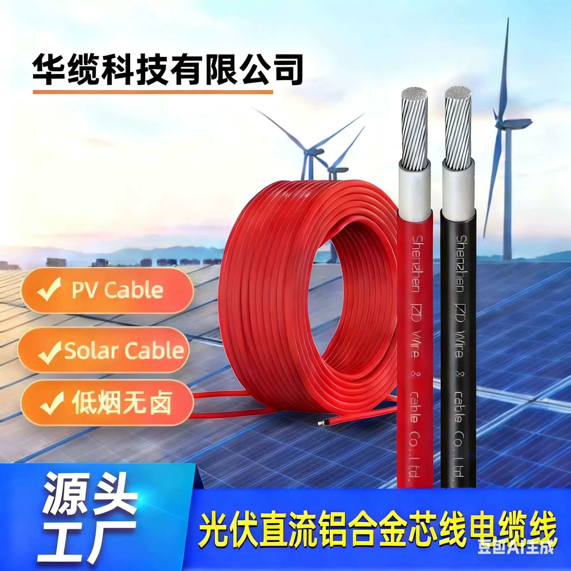 太阳能光伏直流铝合金电线4平方 tuv认证国标电缆线辐照防火电缆