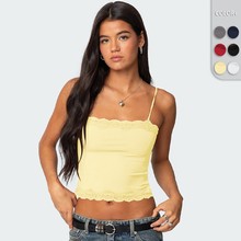 跨境热卖欧美Y2K性感辣妹bm露脐吊带背心 纯欲感蕾丝花边拼接上衣