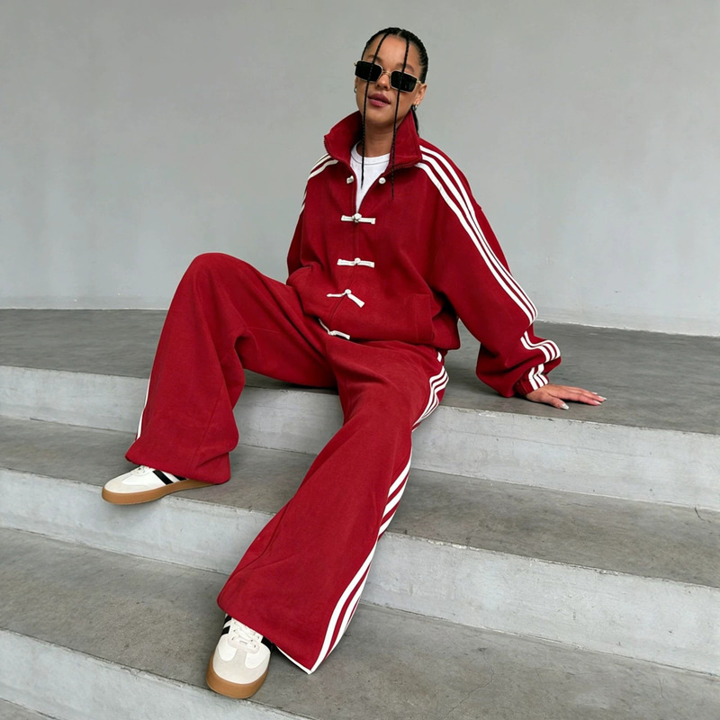 2026 Amazon Fashion Buckle Three-Stripe Casual Suit Retro Stand-Collar Jacket Wide-Leg Sweatpants Two-Piece Set