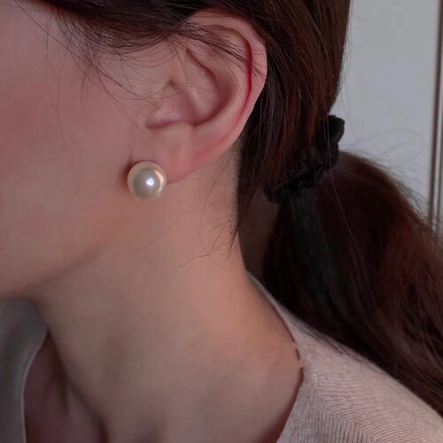 Popular large round bright pearl earrings fever retro 14K gold-filled Shijia pearl earrings for women