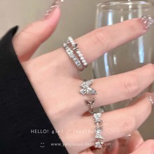 ins蝴蝶珍珠开口戒指女小众设计可调节食指戒轻奢高级感套装指环