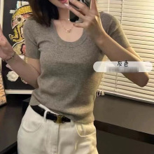 灰色u领正肩针织短袖羊毛混纺针织衫女薄款纯色百搭上衣女修身