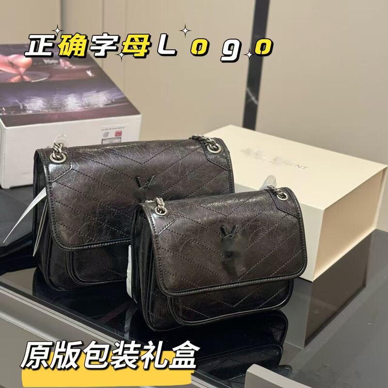 Original Leather New Model D Buckle Ysl Women's Bag Niki Chain Bag Vintage Crossbody Bag Pleated Messenger Bag Oil Wax Leather