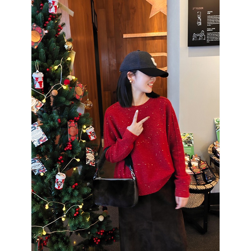 Beautiful ~ New Year Christmas red golden bean 100 pure cashmere women's round neck pullover thickened loose sweater sweater