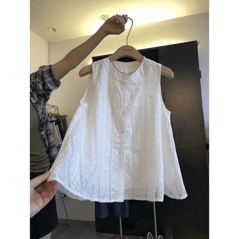 Off-white lace embroidered sleeveless shirt vest for women, new summer style, loose cardigan top Off-white lace embroidered sleeveless shirt vest for women, new summer style, loose cardigan top