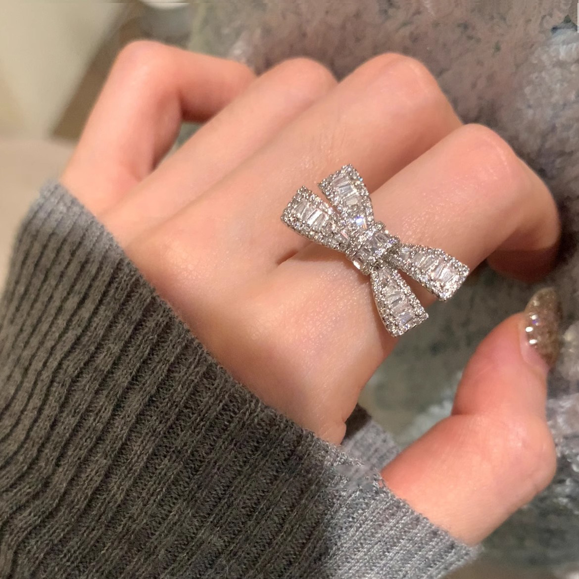 S925 Sterling Silver Micro-Inlaid Zircon Bowknot Sparkling Diamond Ring For Women, Niche High-End Fashion, Adjustable_voghion.com