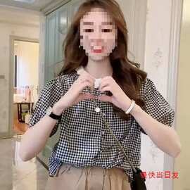 佩佩两面穿格子短袖衬衫女夏季新款法式复古娃娃领泡泡袖别致上衣