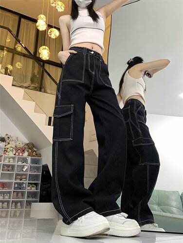 Jeans, women's straight leg loose spring and autumn new style, high waist, slimming, small man, wide leg overalls