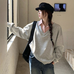 韩系粉色假两件长袖卫衣外套女早秋新款宽松慵懒显瘦百搭外穿上衣