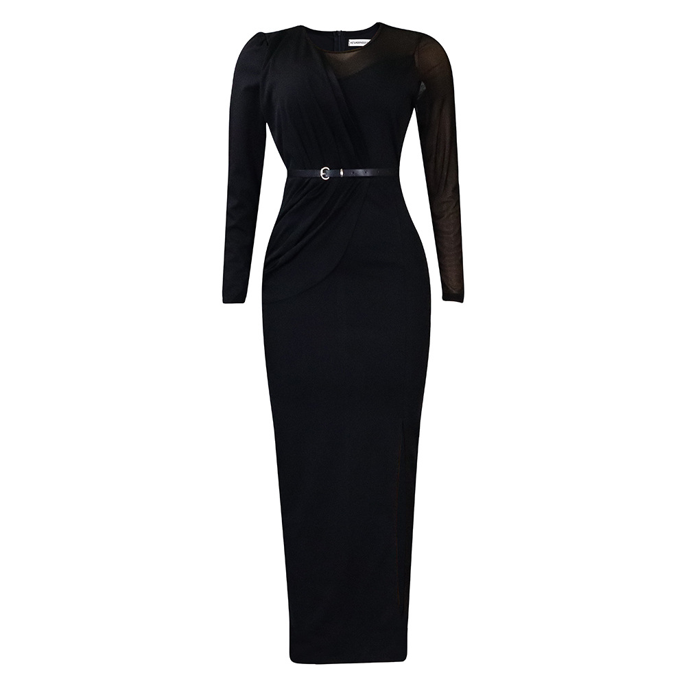 Damen Abendkleid Mit Langarm Und Mesh-einsatz Elegantes Festkleid_voghion.com