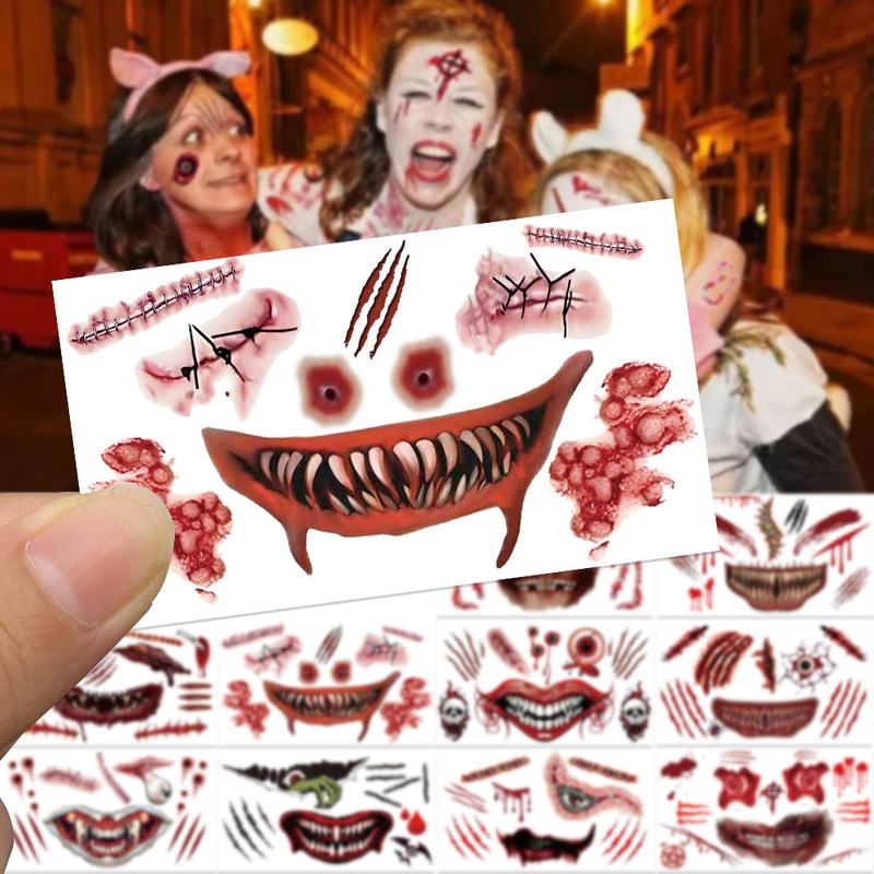 10 Halloween Decoration Stickers, Scar Tattoo Stickers, Arm and Face Makeup, Bloody and Scary Temporary Tattoo Stickers