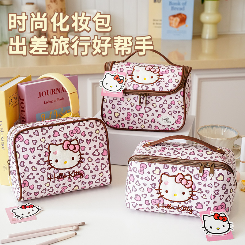 New Hellokitty Genuine Leopard Print Makeup Bag, Large Capacity Storage Bag, High-Looking Portable Travel Handbag