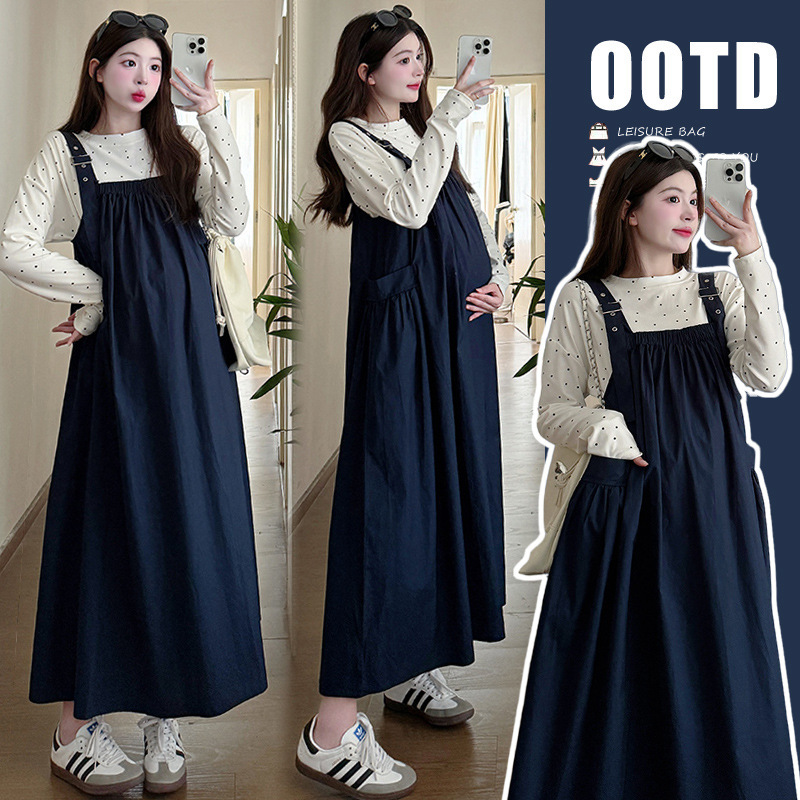 実写スポット秋2024甘美減齢ゆるい韓国版妊婦服ワンピース波点上着セット|undefined