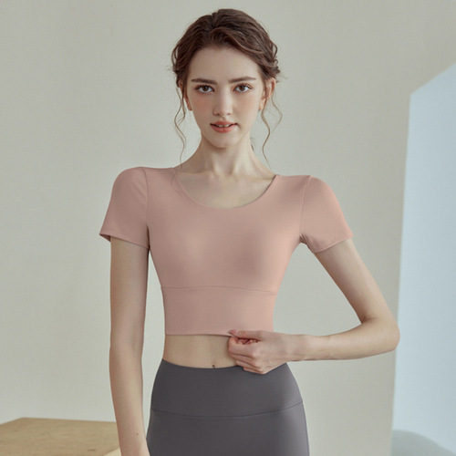 Yoga clothes for women  summer new style short-sleeved sports fitness training clothes with chest pads, tight short tops wholesale