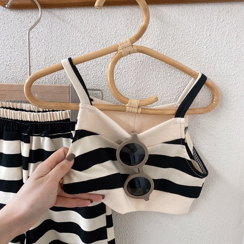 Girls striped suspender shorts two-piece set 2024 summer new season baby girl casual fashion sports suit trendy