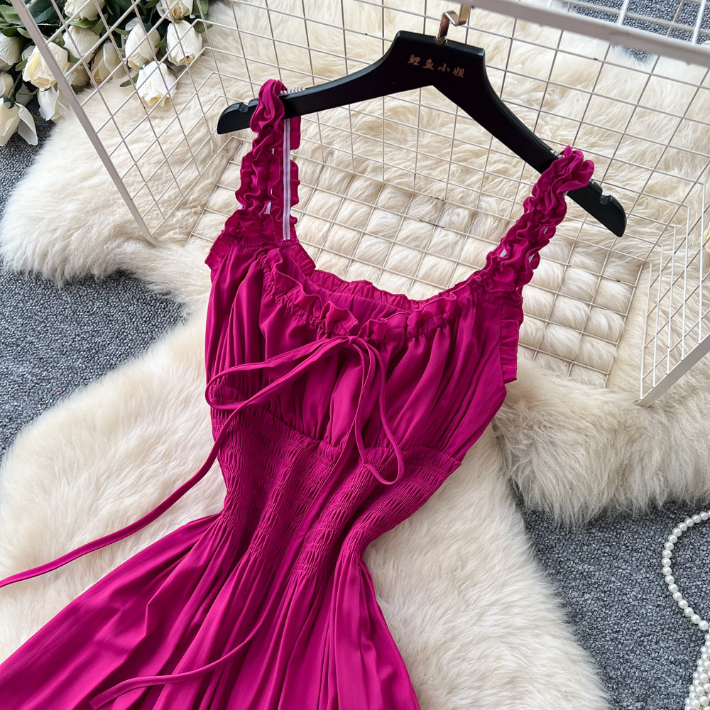 Women's French Romantic Style Halter Neck Ruffled Dress Slimming A-Line Summer Style Tie Waist Gown With Flowing Drape_ecoleips.com