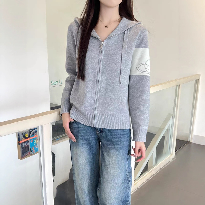 Haute Saturn Jacquard College Style Knitted Cardigan Women's 25Th Autumn New Age-Reducing Hooded Zipper Sweater Jacket