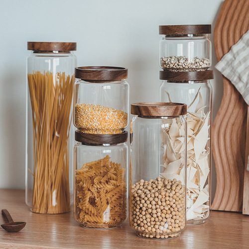 Coffee bean sealed jar kitchen glass bottle storage jar acacia wood with lid grains dried fruit tea storage jar
