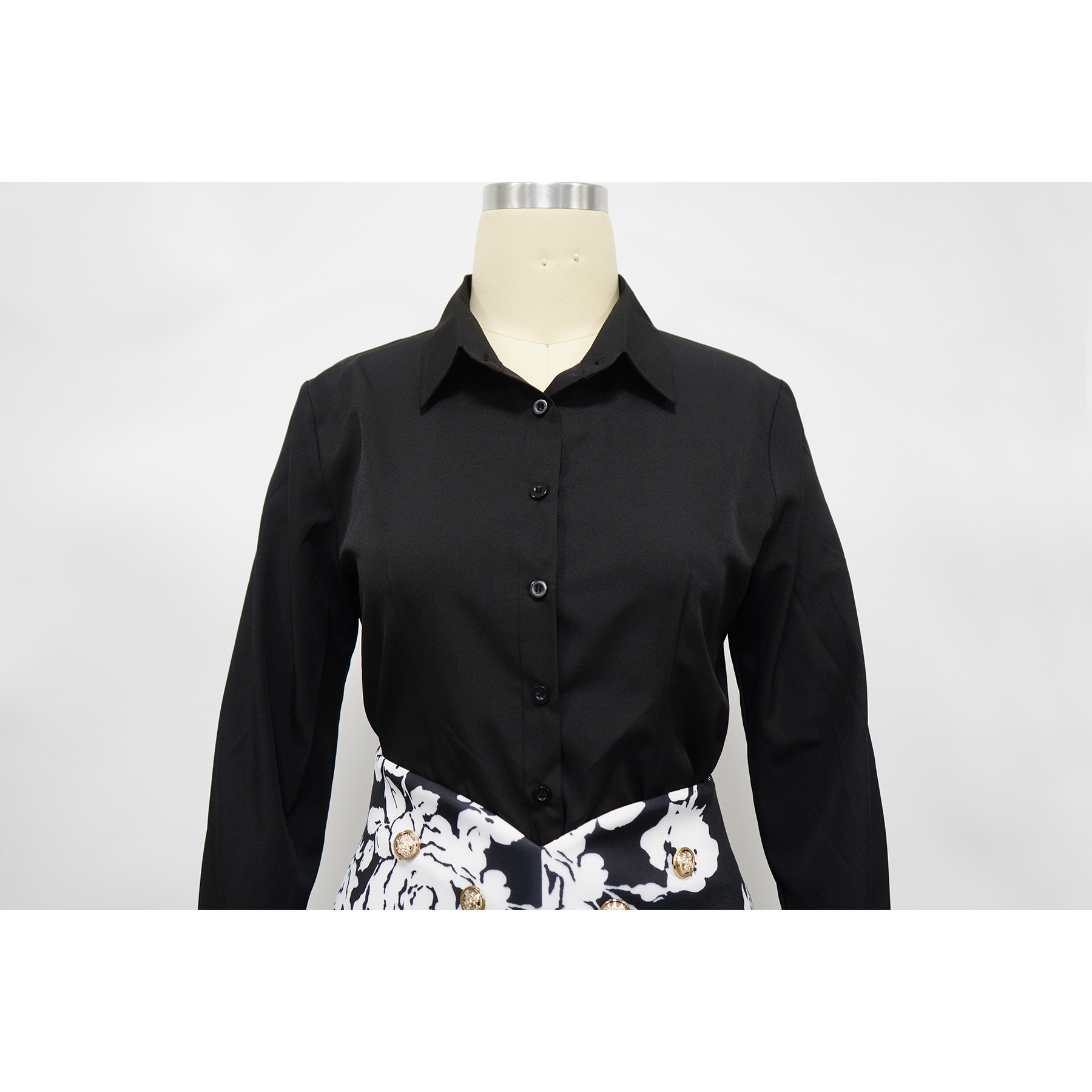 Women's Fashion Long Sleeved Collared Printed Skirt Set Waist Cinching Short_ecoleips.com