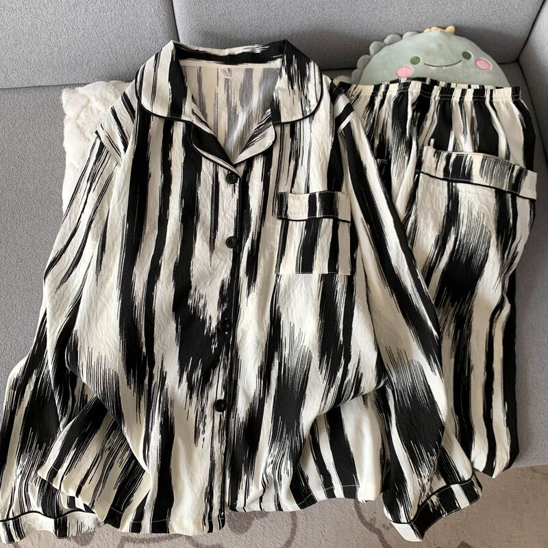 扎染条纹云朵纯棉纱睡衣女春秋季长袖简约可外穿开衫家居服夏套装|undefined