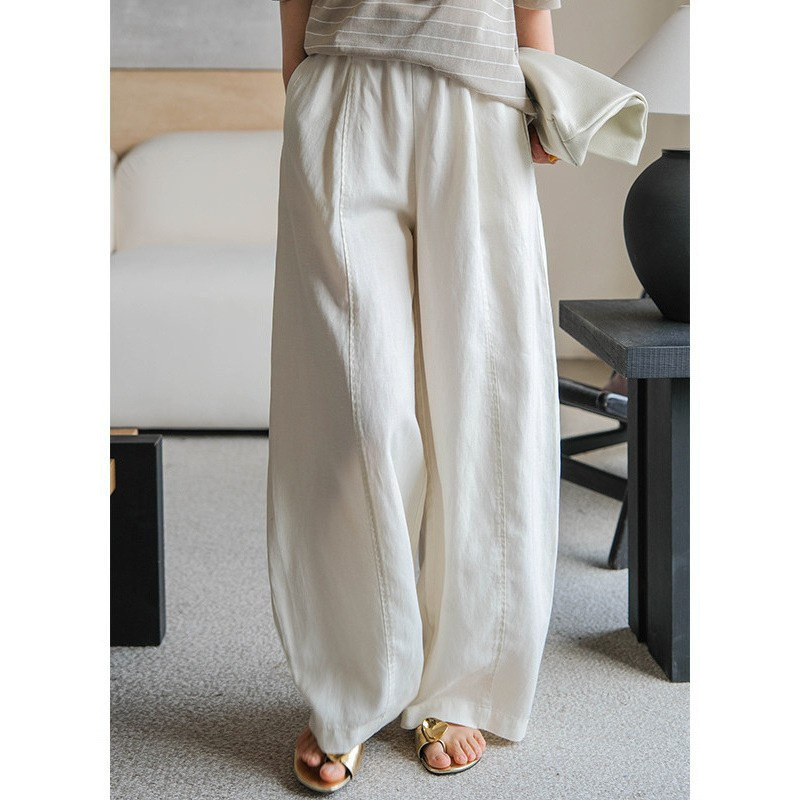 2026 New Summer Linen Wide-Leg Pants with Elastic Waist, Drapey Off-White Casual Lyocell Straight-Leg Long Pants for Women