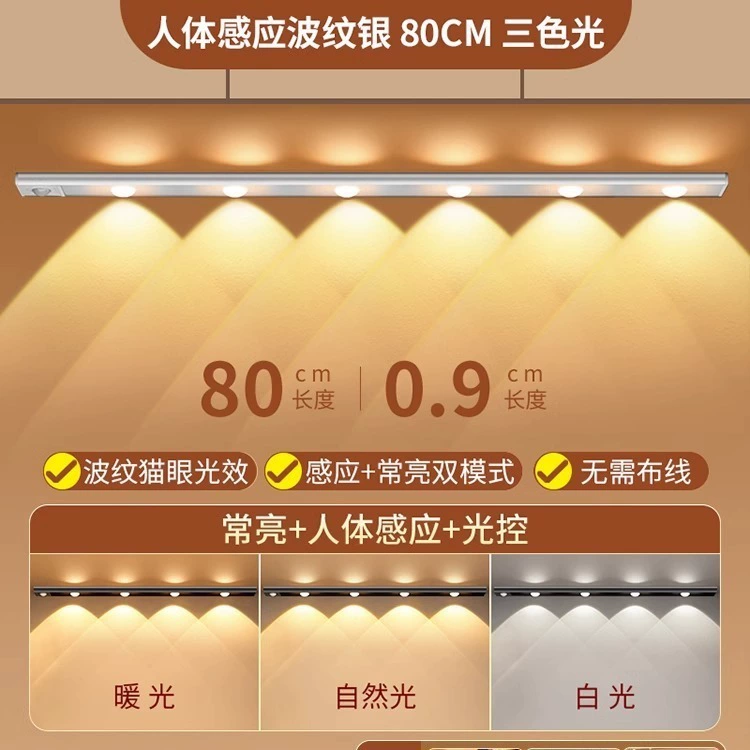 Zhicheng умная светодиодная лента для кошачьего глаза: перезаряжаемая самоклеящаяся подсветка шкафа с датчиком обнаружения человека