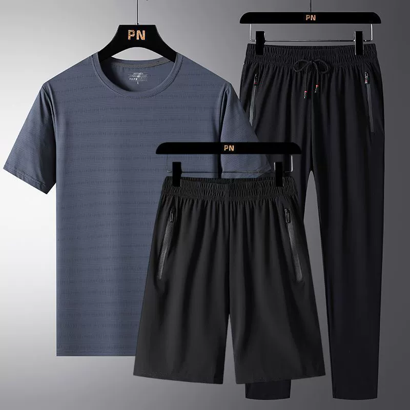 Summer silk thin sports suit for leisure, elastic breathable sports set, plus size, 3 piece set