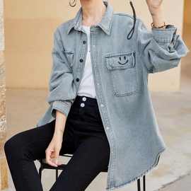 设计感牛仔外套女装春秋复古港风中长款叠穿工装衬衣宽松燕尾上衣