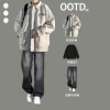 Apricot jacket + black long T + jeans smoke gray