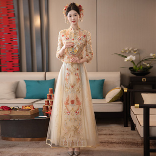 Золотой традиционный свадебный наряд Сюхэ, летнее золотое свадебное платье, приталенное вечернее платье