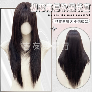 Jiyou trade wig black long straight first love refined high-level daily rose net women's full head cover wholesale