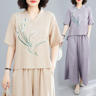 Real Shot of Summer Retro Literary Ramie Suit for Women, Ethnic Style Embroidered Shirt, High-Waisted Loose Wide-Leg Pants Two-Piece Set