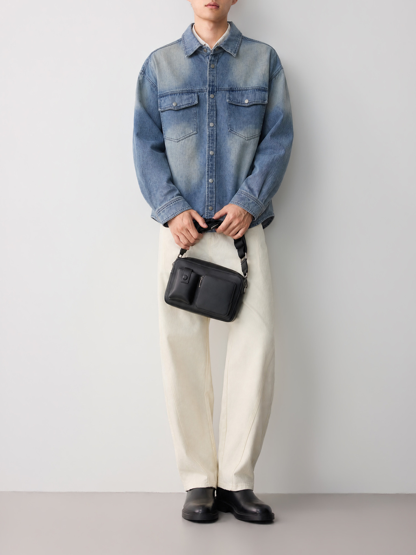 Áo sơ mi denim nam phong cách đường phố, hiệu ứng mài trắng làm cũ, hai túi ngực — Cao bồi xanh