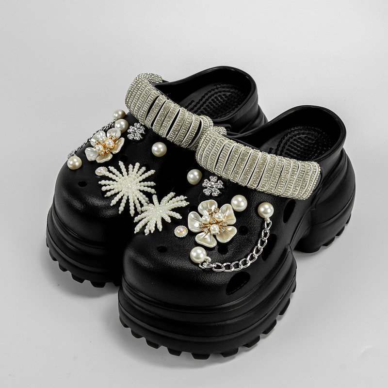 High-end Fashion Sequin Strap Beaded Flower High-heeled Hole Shoes Women's Summer Baotou Outwear EVA Thick-soled Sandals