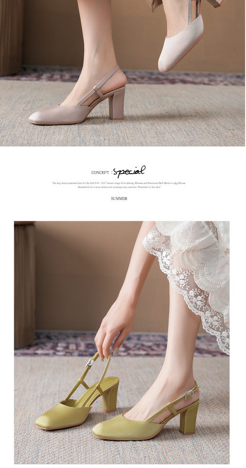 Sandal nữ mũi vuông gót thô hở gót quai ngang thanh lịch công sở, gót 6–8 cm — Bạc ánh kim, Màu vàng gừng, Phấn phủ mịn lì, Đen cao cấp chi tiết 11
